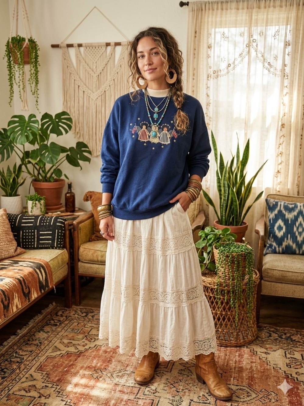 Women's Navy Crewneck Sweater with Patriotic Doll Embroidery - Vintage Style